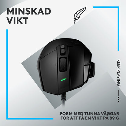 Logitech G502 X gamingmus sort, svensk tekst: 89g vægt, HERO 25K sensor, grafiske blå/sorte linjer.