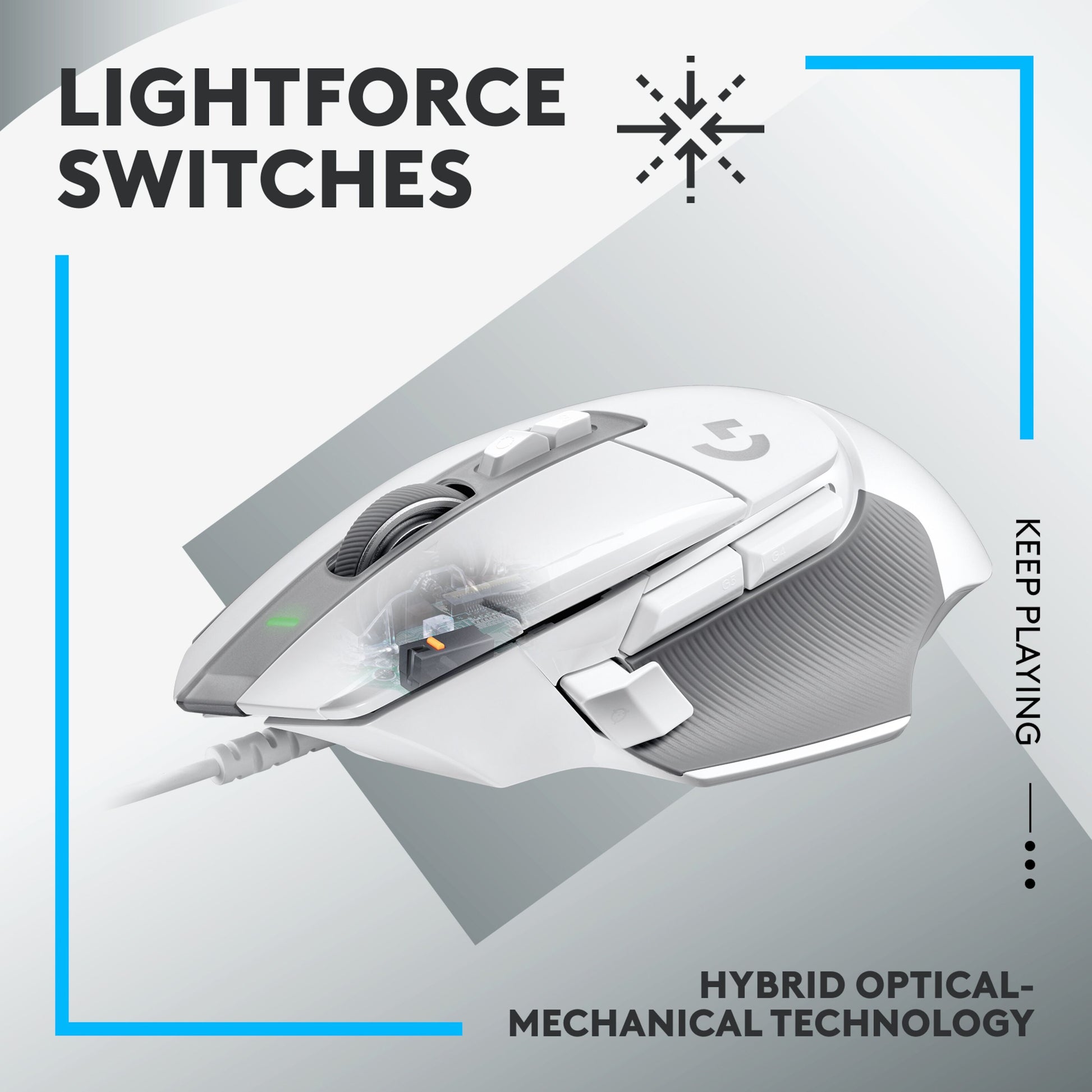 Logitech G502 X gamingmus hvid med flere knapper, synlige komponenter og teksten Lightforce Switches, Hybrid Optical-Mechanical.