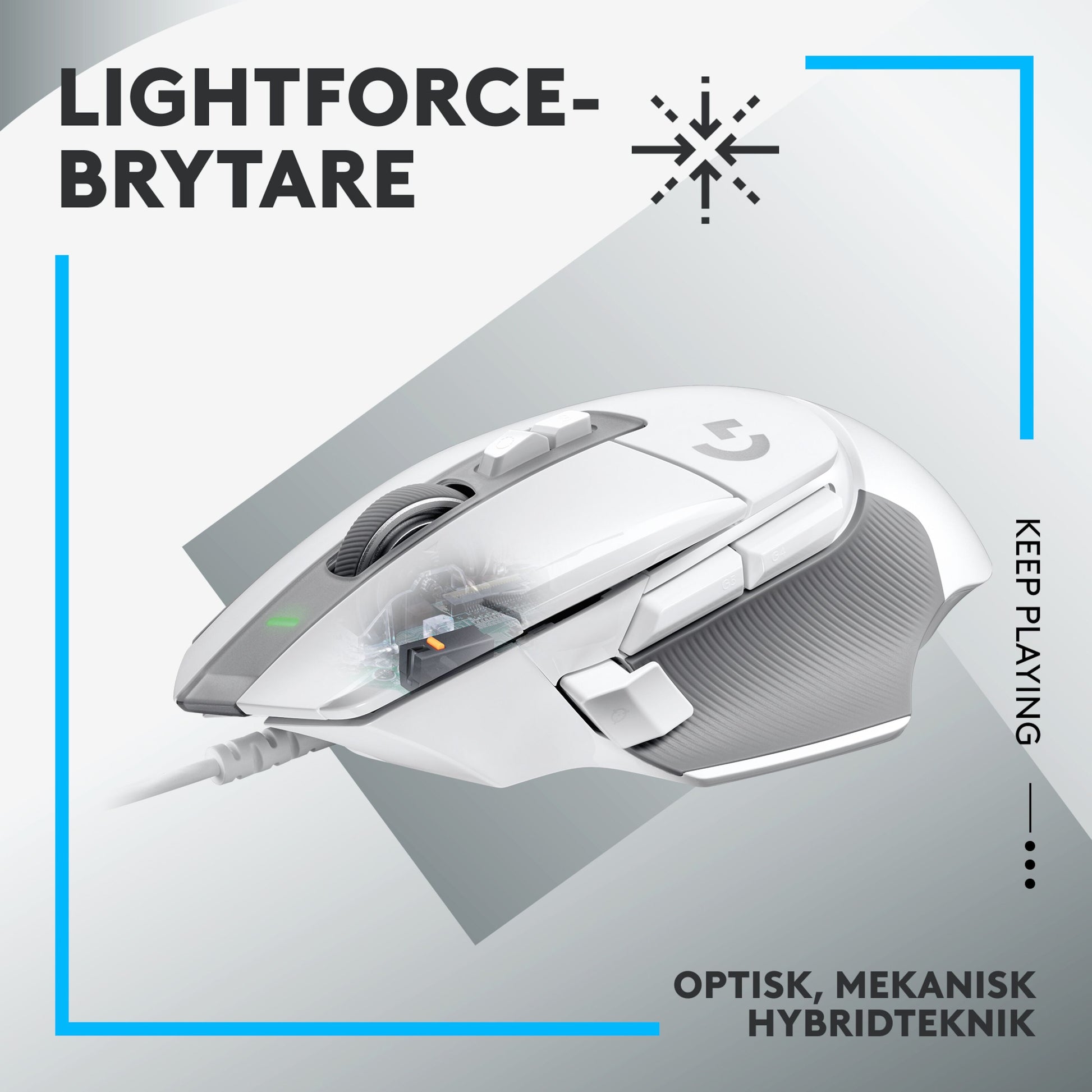 Logitech G502 X gamingmus hvid med flere knapper, tekstureret greb, blå detaljer og LIGHTFORCE-optisk-mekanisk kontakt.