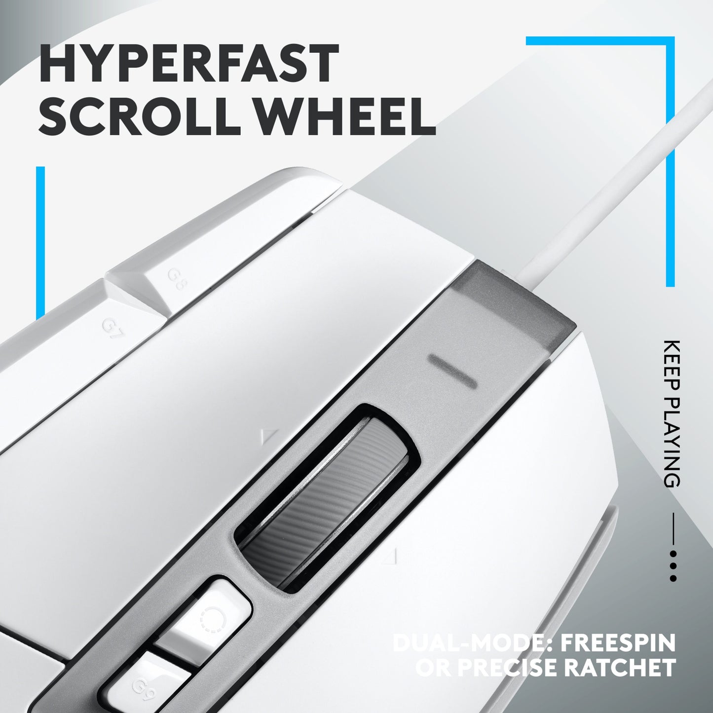 Logitech G502 X gamingmus hvid med Hyperfast Scroll Wheel dual-mode, blå detaljer og "Keep Playing"-tekst.