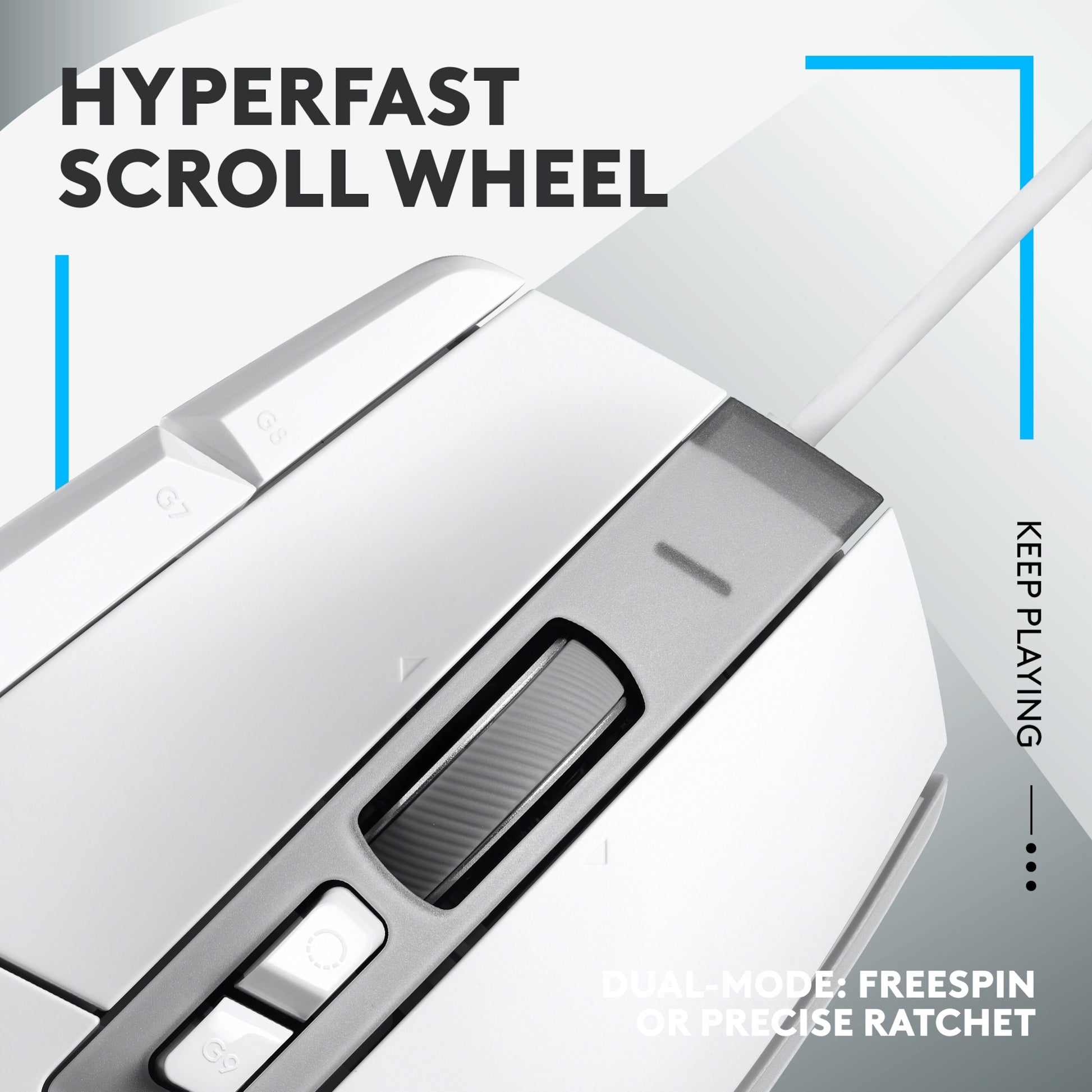 Logitech G502 X gamingmus hvid med Hyperfast Scroll Wheel dual-mode, blå detaljer og "Keep Playing"-tekst.