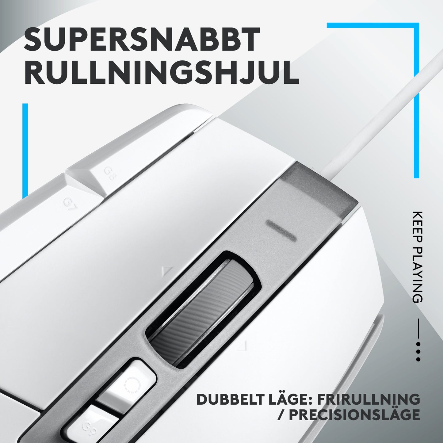 Logitech G502 X gamingmus hvid, hurtig scrollhjul med dual mode, blå detaljer og grå tekst, close-up vinkel.