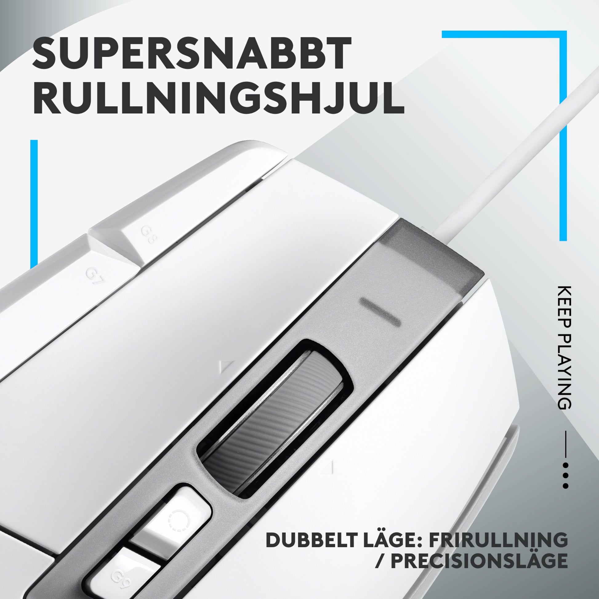 Logitech G502 X gamingmus hvid, hurtig scrollhjul med dual mode, blå detaljer og grå tekst, close-up vinkel.