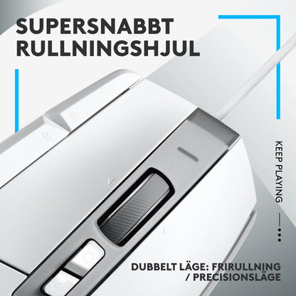 Logitech G502 X gamingmus hvid, hurtig scrollhjul med dual mode, blå detaljer og grå tekst, close-up vinkel.