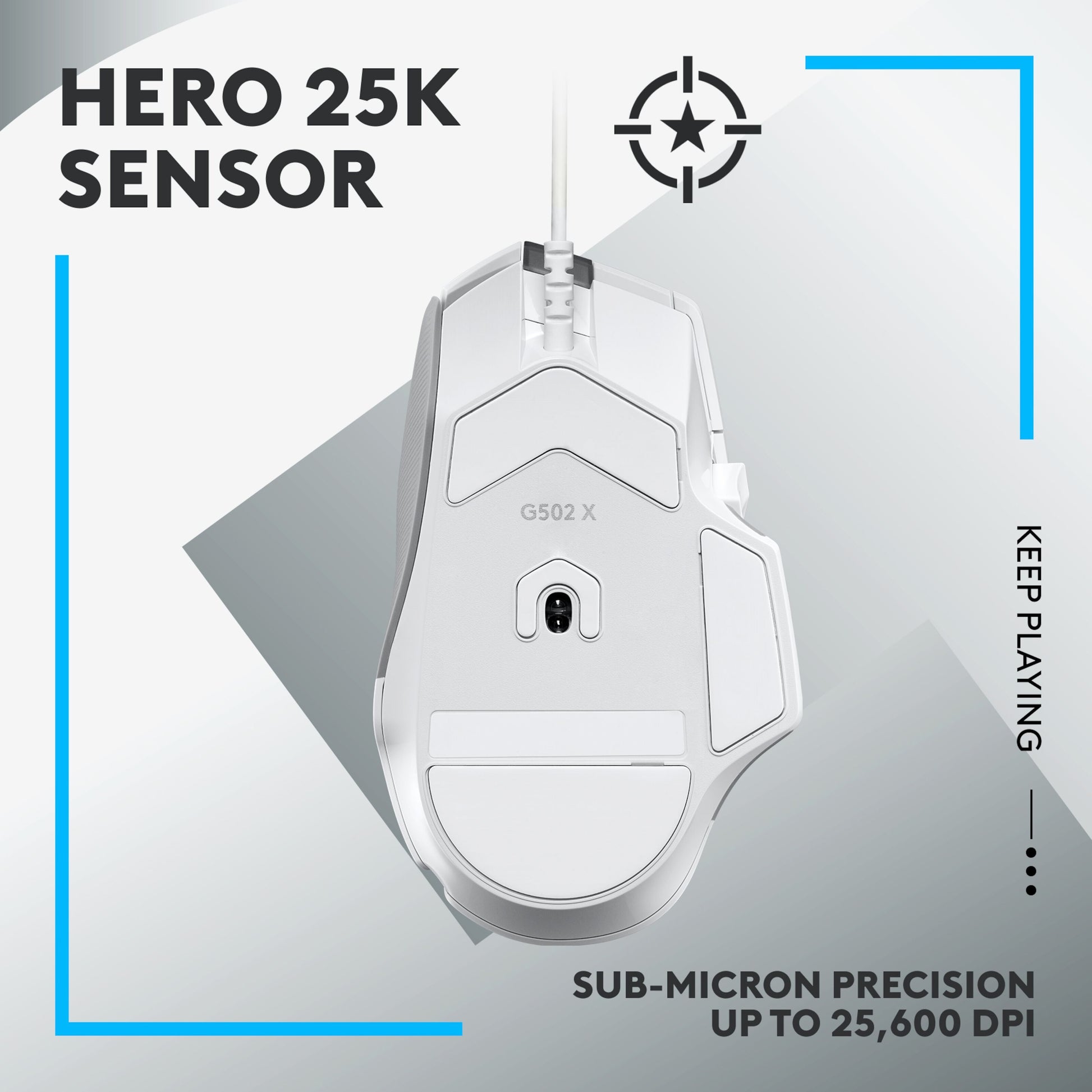 Logitech G502 X gamingmus hvid underside med HERO 25K sensor op til 25.600 DPI, blå/grå detaljer.