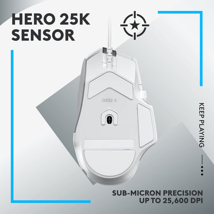 Logitech G502 X gamingmus hvid underside med HERO 25K sensor op til 25.600 DPI, blå/grå detaljer.