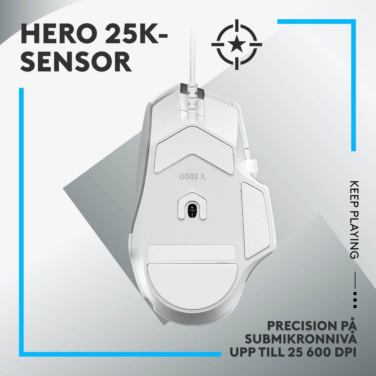Logitech G502 X gamingmus hvid set nedefra, HERO 25K sensor, svenske specifikationer, blå geometriske detaljer.