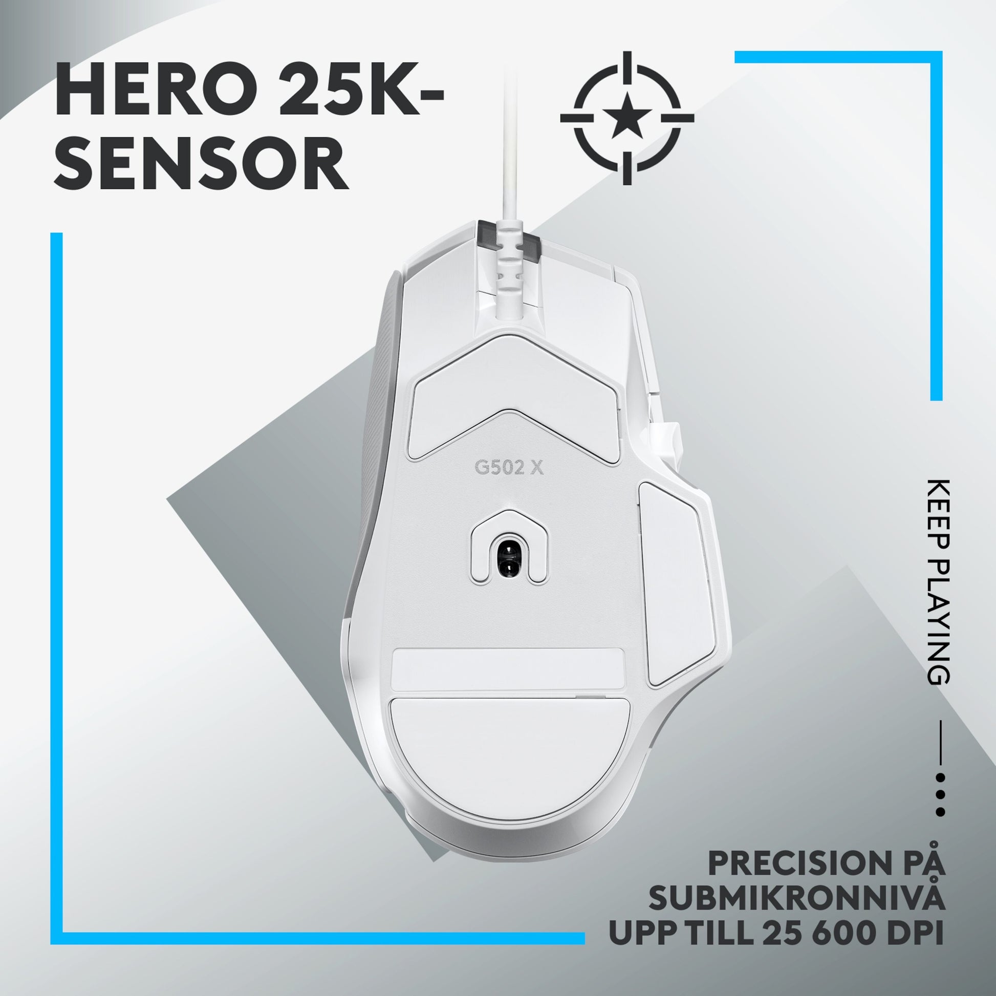 Logitech G502 X gamingmus hvid set nedefra, HERO 25K sensor, svenske specifikationer, blå geometriske detaljer.