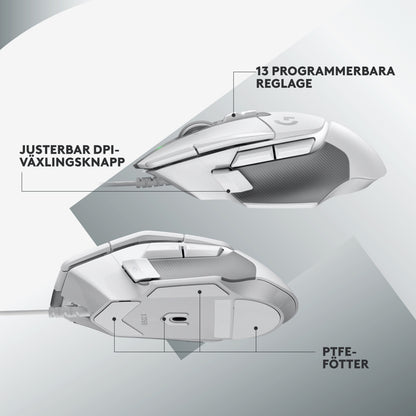 Logitech G502 X gamingmus hvid med justerbare DPI-knapper, PTFE-fødder og HERO 25K-sensor.