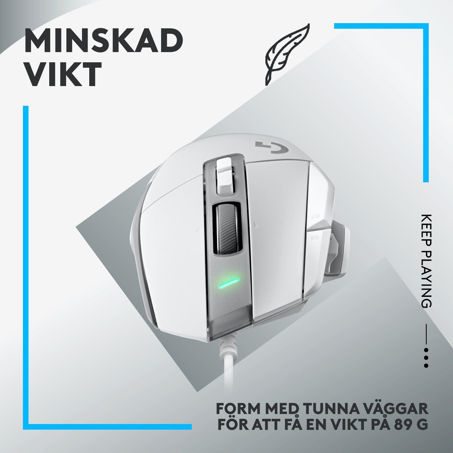 Logitech G502 X gamingmus hvid med HERO 25K sensor, 89g, set ovenfra, svensk tekst "Minskad Vikt", scrollhjul, grøn LED.
