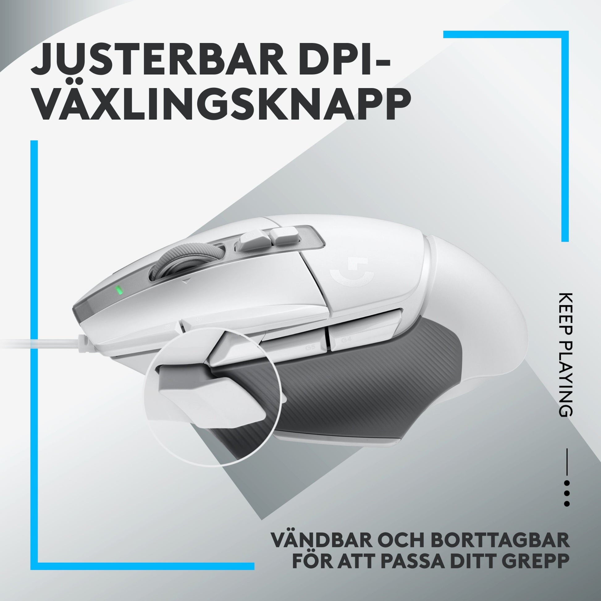 Logitech G 502 X gamingmus hvid med justerbar DPI-kontakt, tilpasset tommelfingergreb og HERO 25K-sensor.