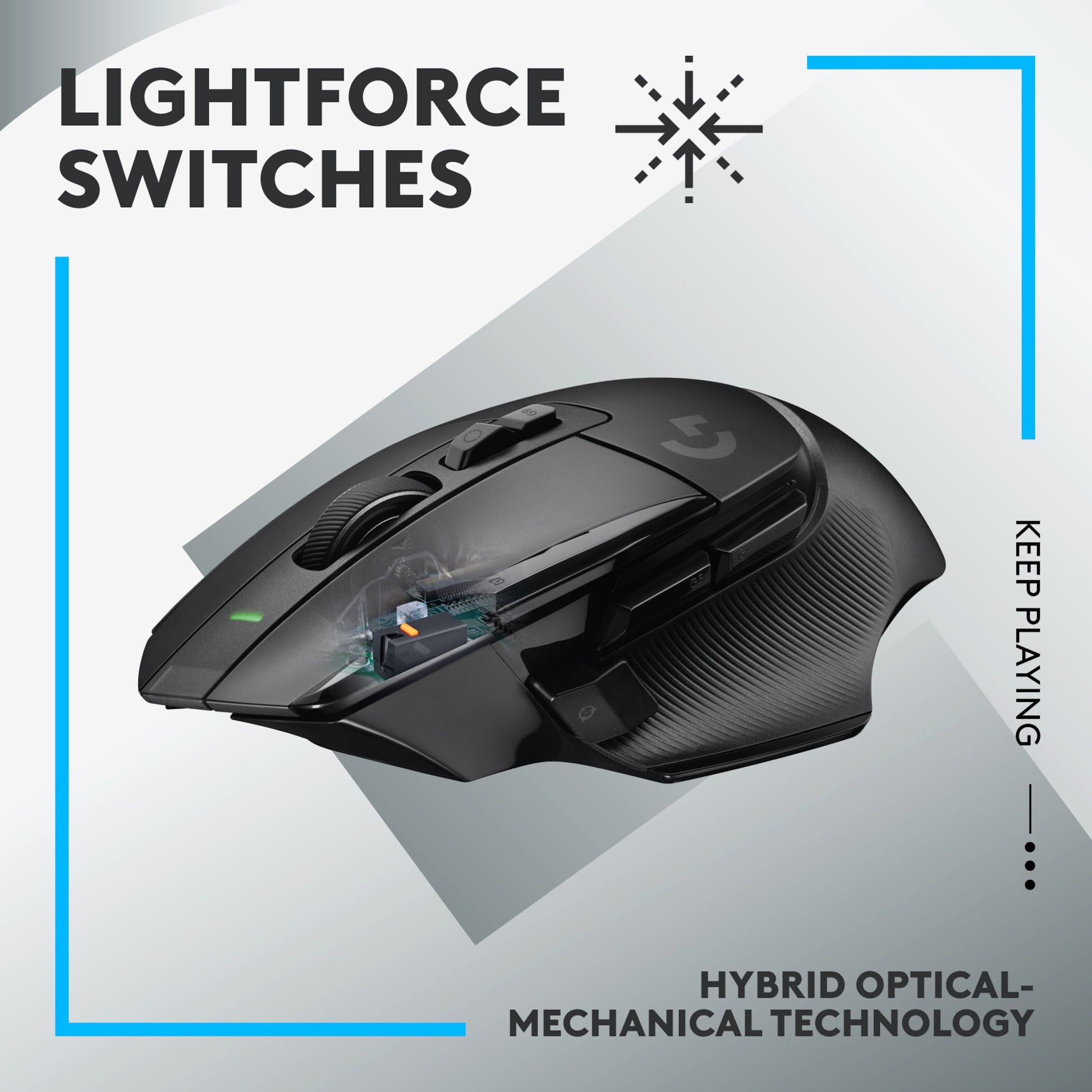Logitech G502 X Lightspeed trådløs gamingmus sort med synlige interne dele og tekst: LIGHTFORCE SWITCHES, HYBRID OPTISK-MEKANISK TEKNOLOGI.