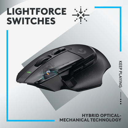 Logitech G502 X Lightspeed trådløs gamingmus sort med synlige interne dele og tekst: LIGHTFORCE SWITCHES, HYBRID OPTISK-MEKANISK TEKNOLOGI.