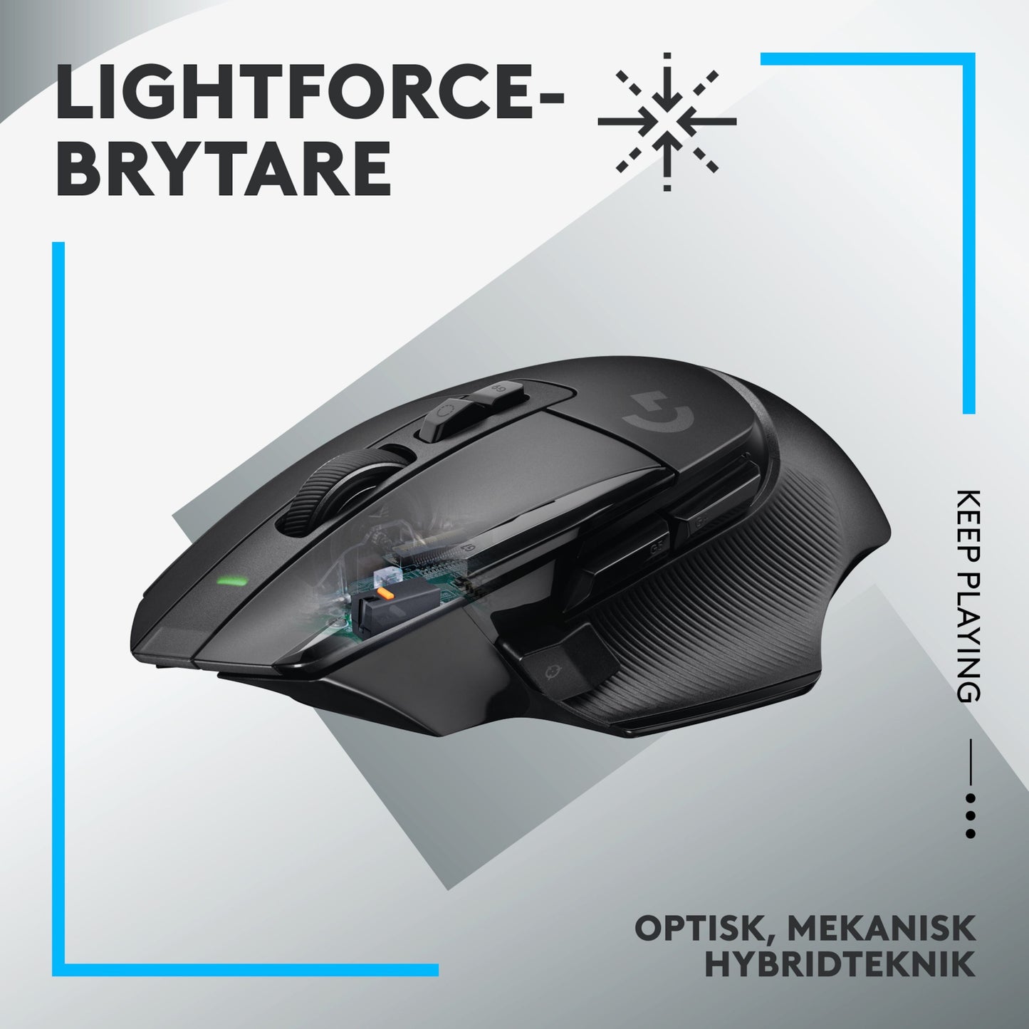 Logitech G502 X Lightspeed trådløs gamingmus sort, tekst: LIGHTFORCE-BRYTARE, KEEP PLAYING, OPTISK MEKANISK HYBRIDTEKNIK.