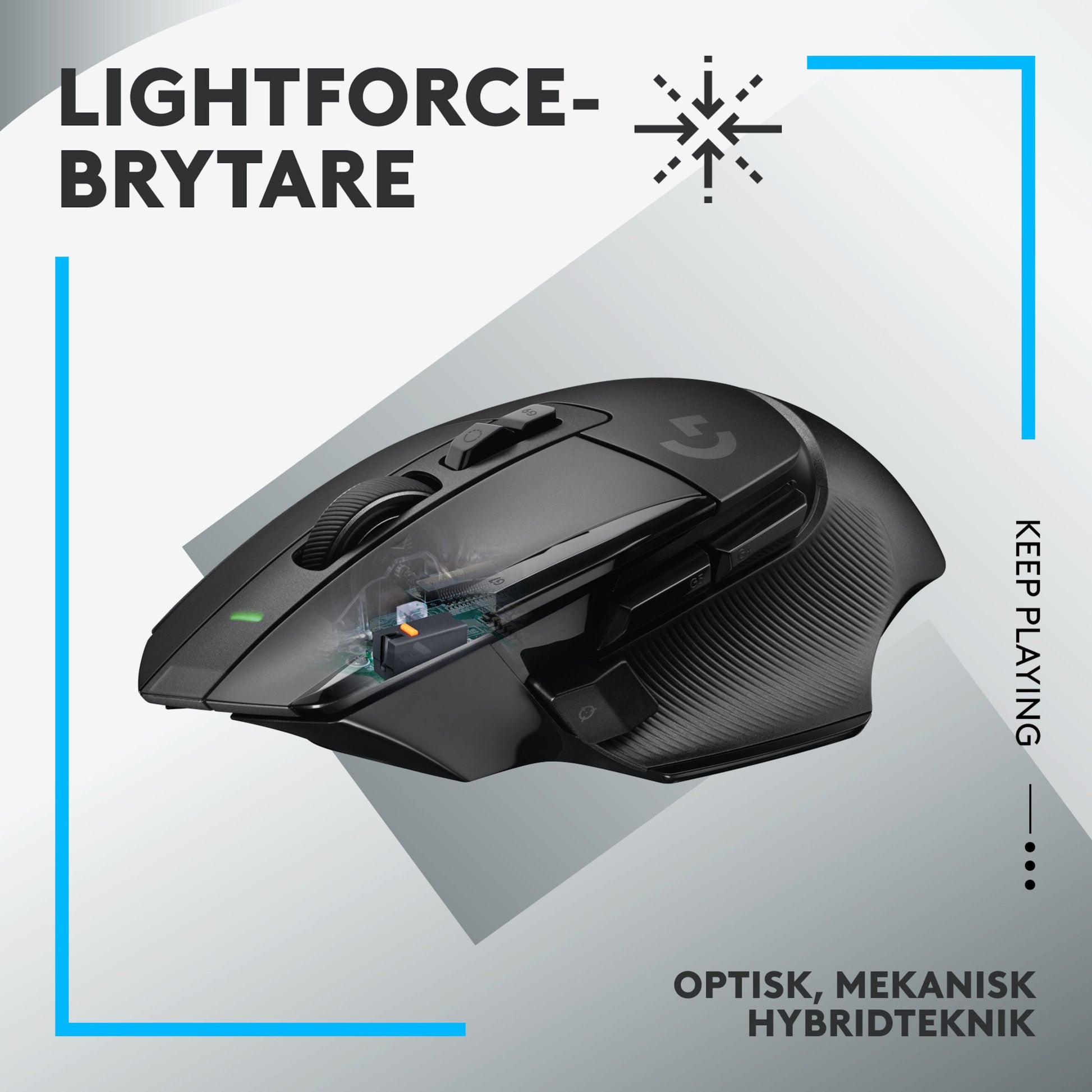 Logitech G502 X Lightspeed trådløs gamingmus sort, tekst: LIGHTFORCE-BRYTARE, KEEP PLAYING, OPTISK MEKANISK HYBRIDTEKNIK.