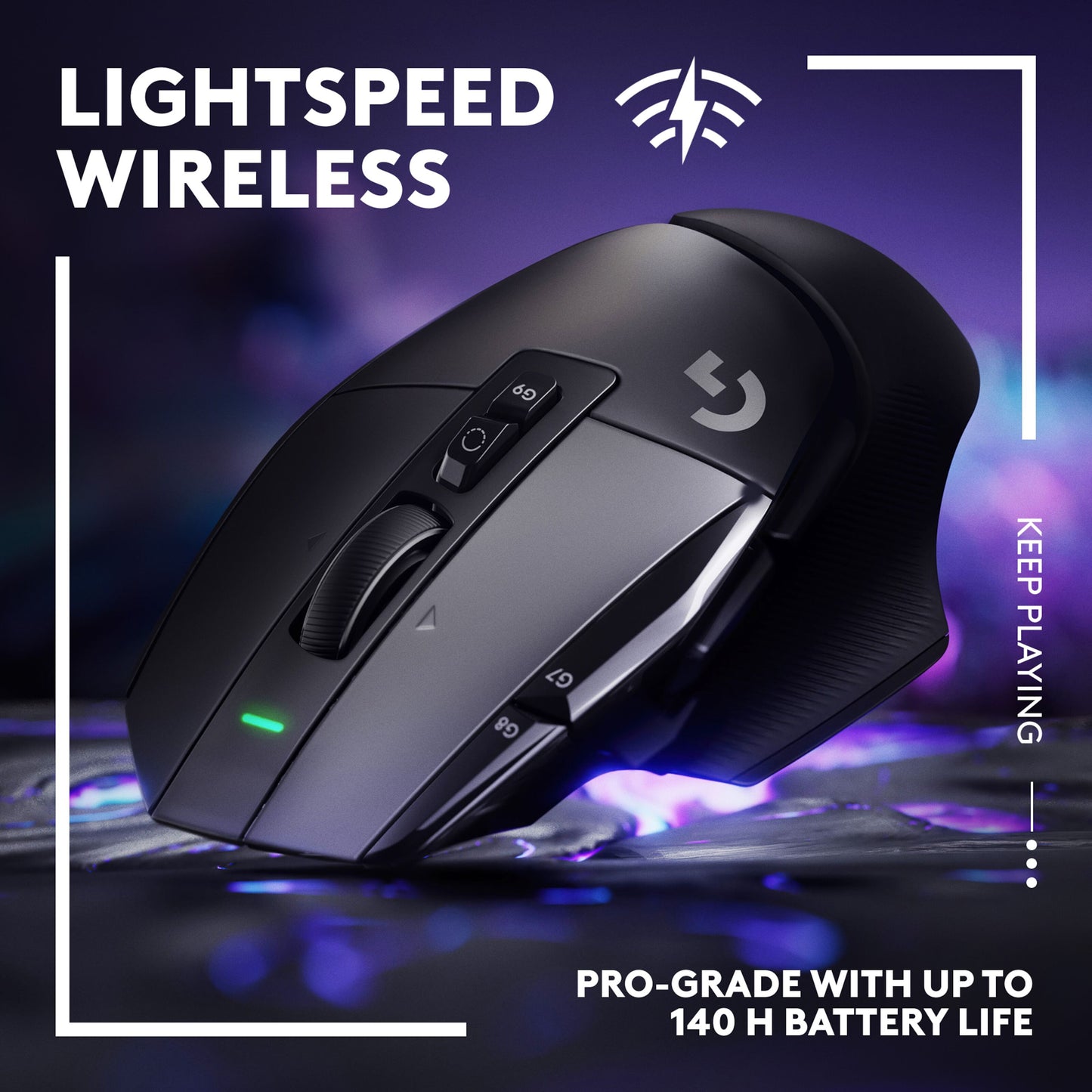 Logitech G502 X Lightspeed trådløs gamingmus sort med tekst: LIGHTSPEED TRÅDLØS, PRO-GRADE OP TIL 140 TIMERS BATTERILEVETID.