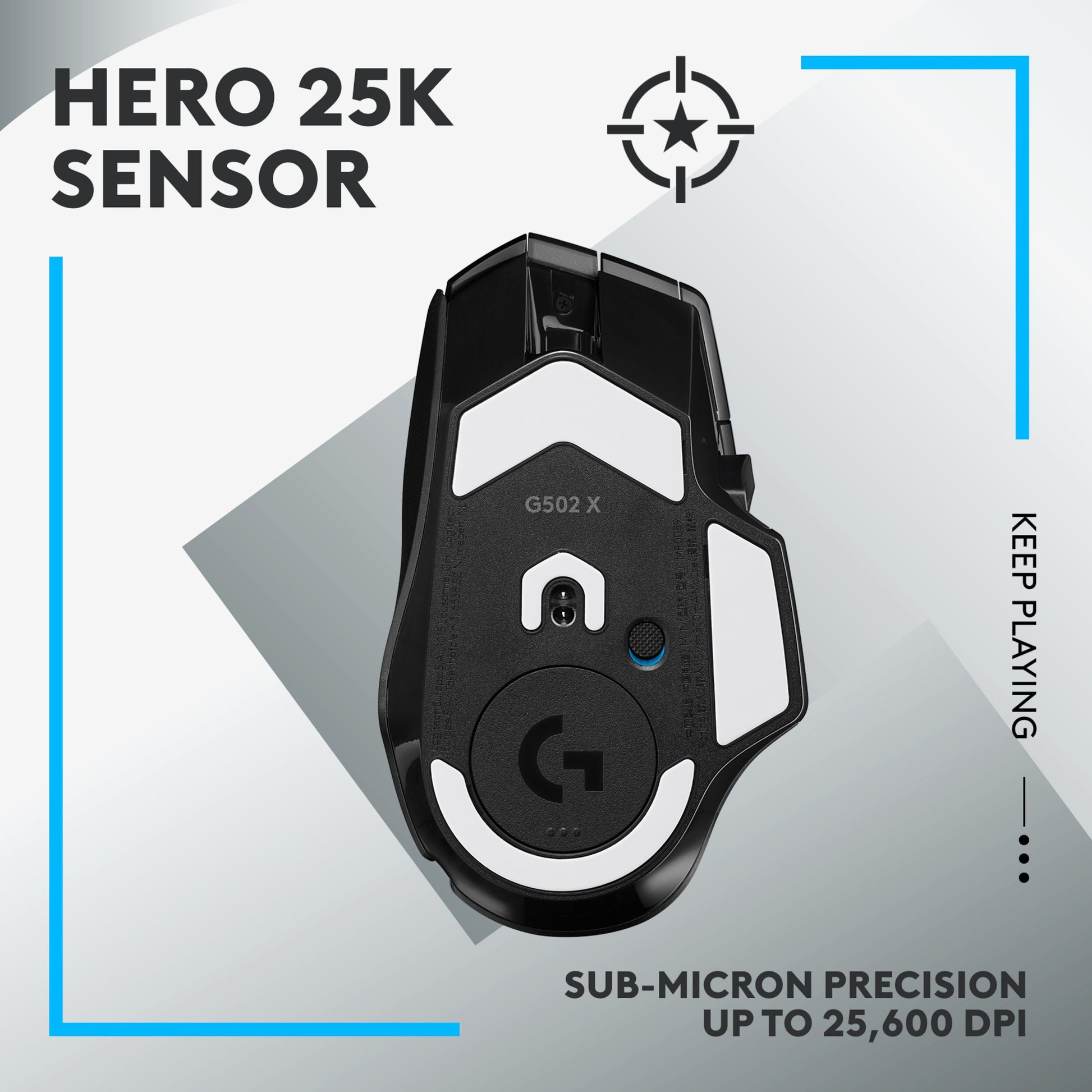Logitech G502 X Lightspeed trådløs gamingmus sort set fra bunden med HERO 25K sensor og teksten SUB-MICRON PRECISION UP TO 25,600 DPI.