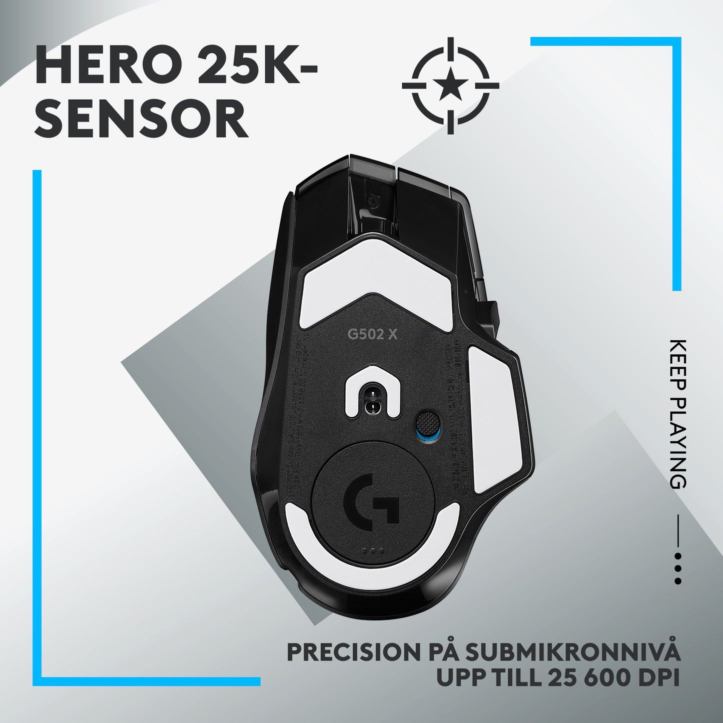 Logitech G502 X Lightspeed trådløs gamingmus sort, underside med HERO 25K sensor, op til 25.600 DPI, blå/sorte accenter.