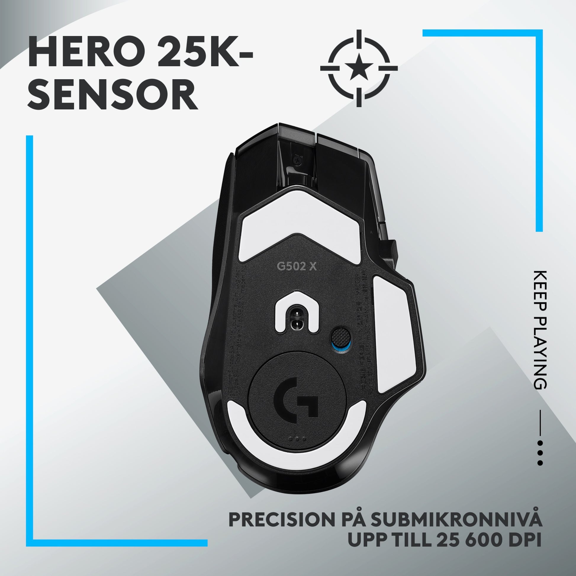 Logitech G502 X Lightspeed trådløs gamingmus sort, underside med HERO 25K sensor, op til 25.600 DPI, blå/sorte accenter.