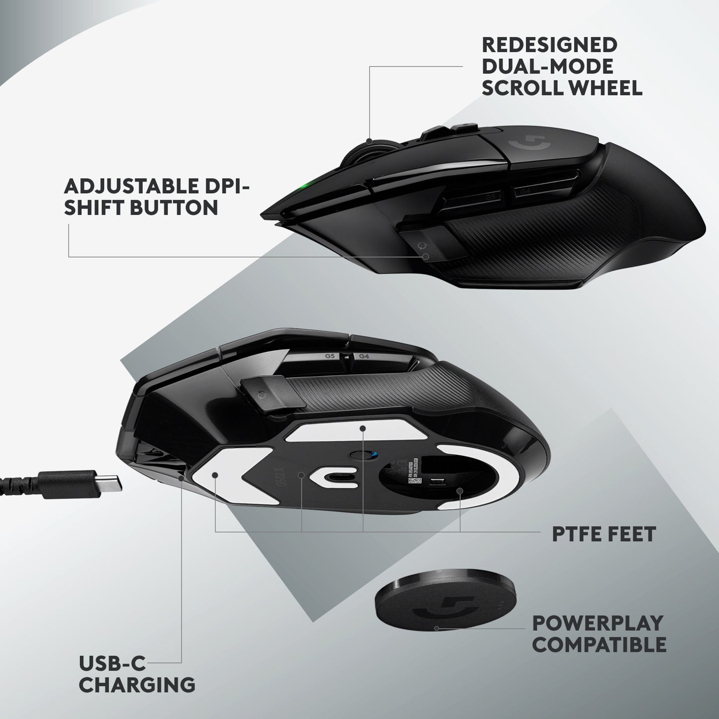 Logitech G502 X Lightspeed trådløs gamingmus sort, dual-mode scrollhjul, DPI-shift knap, USB-C, PTFE-fødder, Powerplay.
