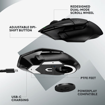Logitech G502 X Lightspeed trådløs gamingmus sort, dual-mode scrollhjul, DPI-shift knap, USB-C, PTFE-fødder, Powerplay.