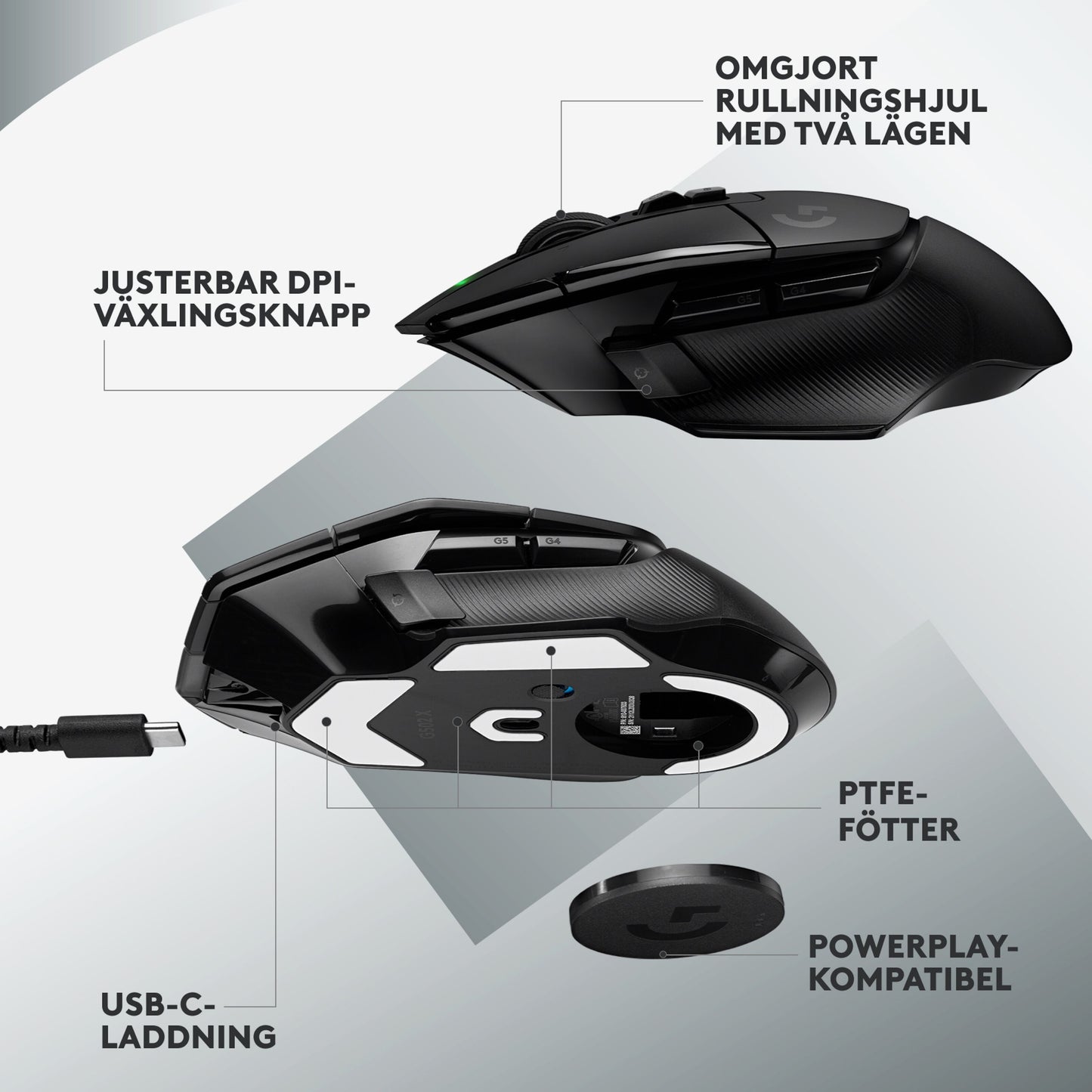 Logitech G502 X Lightspeed trådløs gamingmus sort, DPI switch, scrollhjul, USB-C, PTFE-fødder, Powerplay-kompatibel.