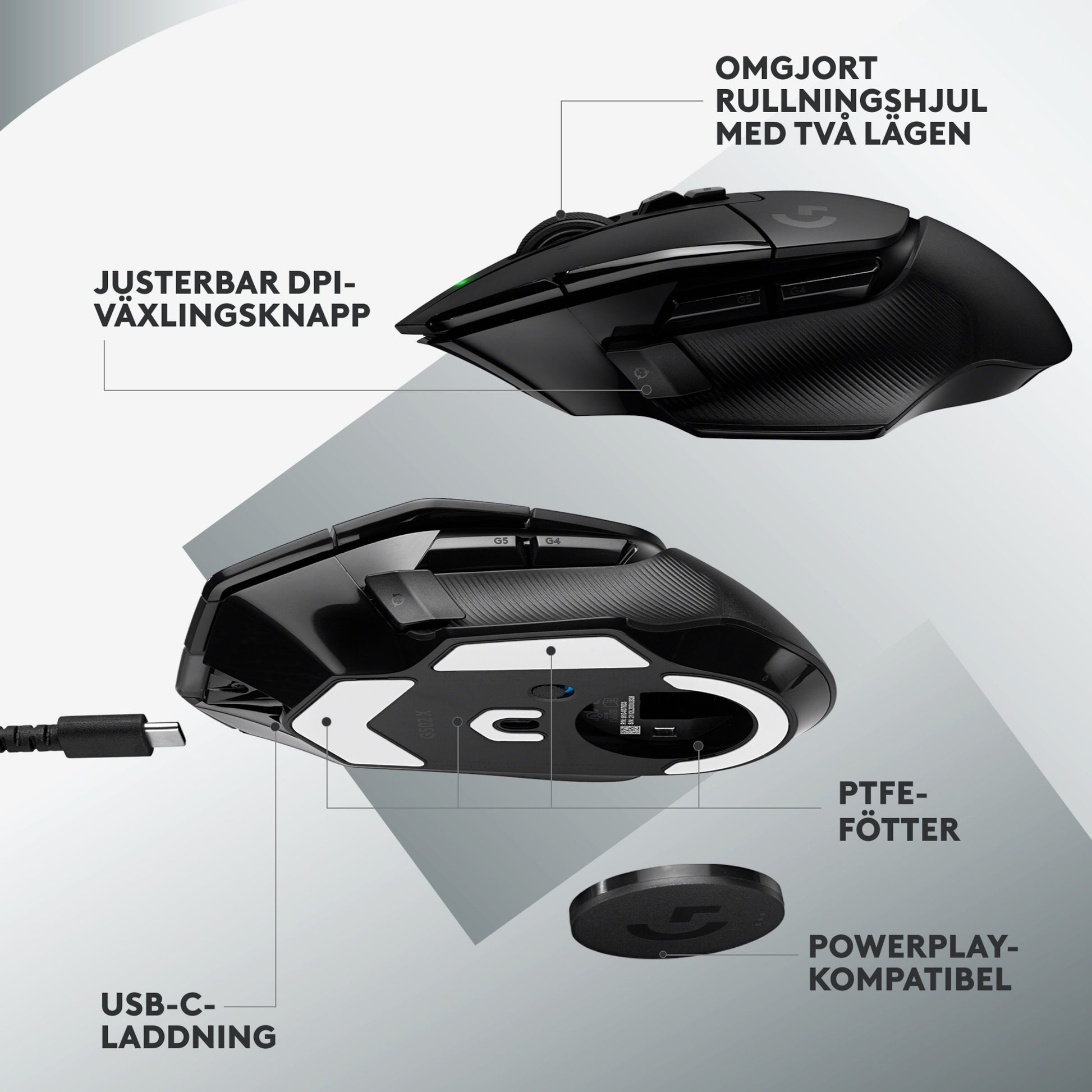 Logitech G502 X Lightspeed trådløs gamingmus sort, DPI switch, scrollhjul, USB-C, PTFE-fødder, Powerplay-kompatibel.