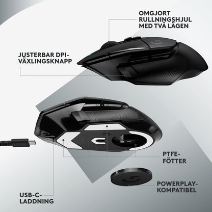 Logitech G502 X Lightspeed trådløs gamingmus sort, DPI switch, scrollhjul, USB-C, PTFE-fødder, Powerplay-kompatibel.