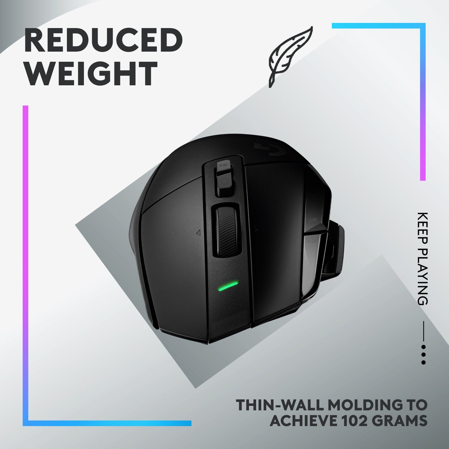 Logitech G502 X Lightspeed trådløs gamingmus sort med fjerikon, vægt 102g og tyndvægsdesign.