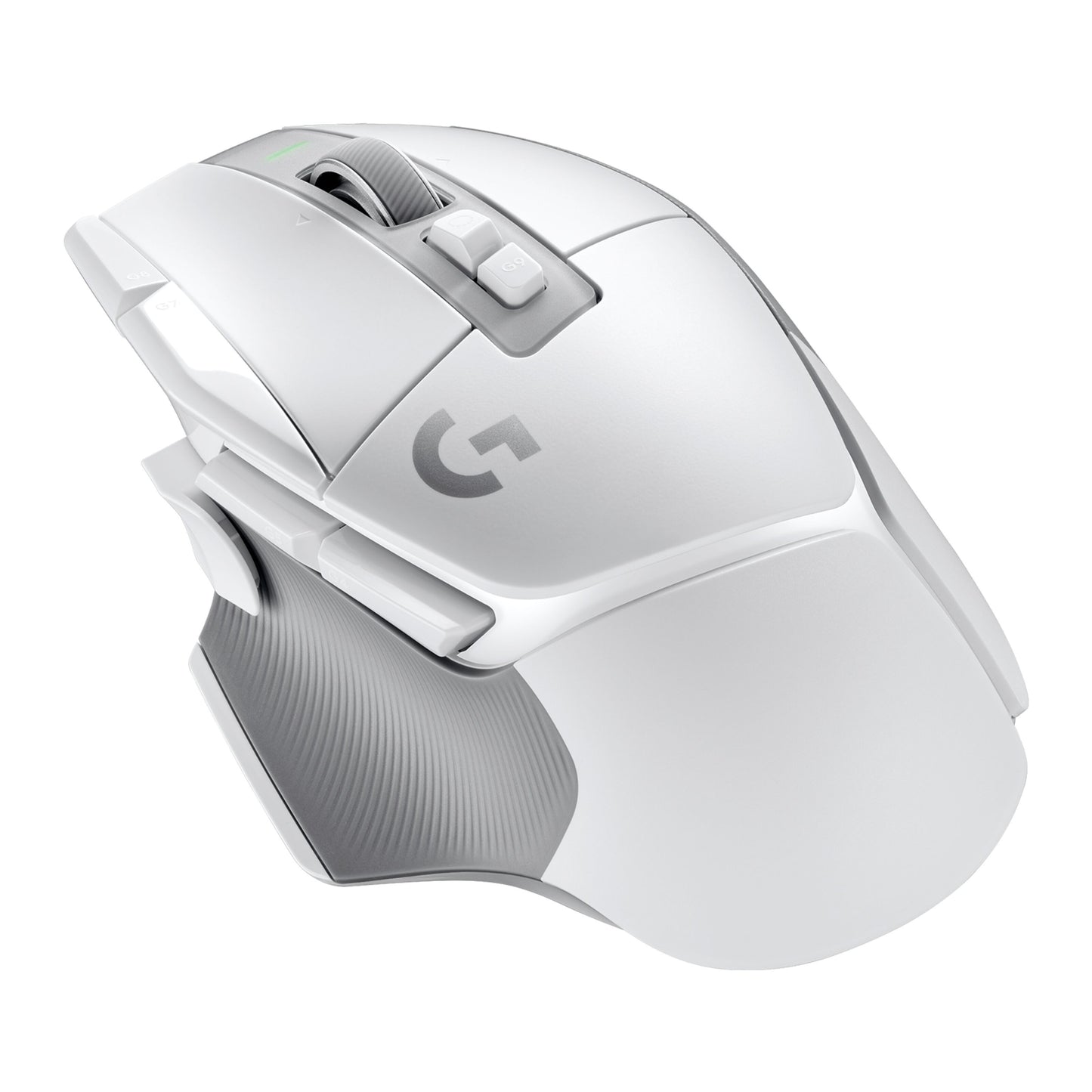 Logitech G502 X Lightspeed trådløs gamingmus hvid med scrollhjul, flere sideknapper, tekstureret greb og G-logo.