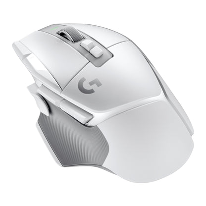 Logitech G502 X Lightspeed trådløs gamingmus hvid med scrollhjul, flere sideknapper, tekstureret greb og G-logo.