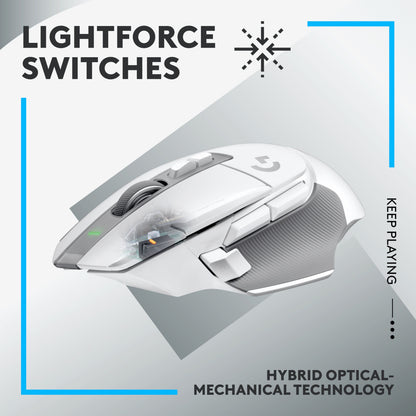 Logitech G502 X Lightspeed trådløs gamingmus, hvid, synlige interne switch-komponenter, tekst: LIGHTFORCE SWITCHES.