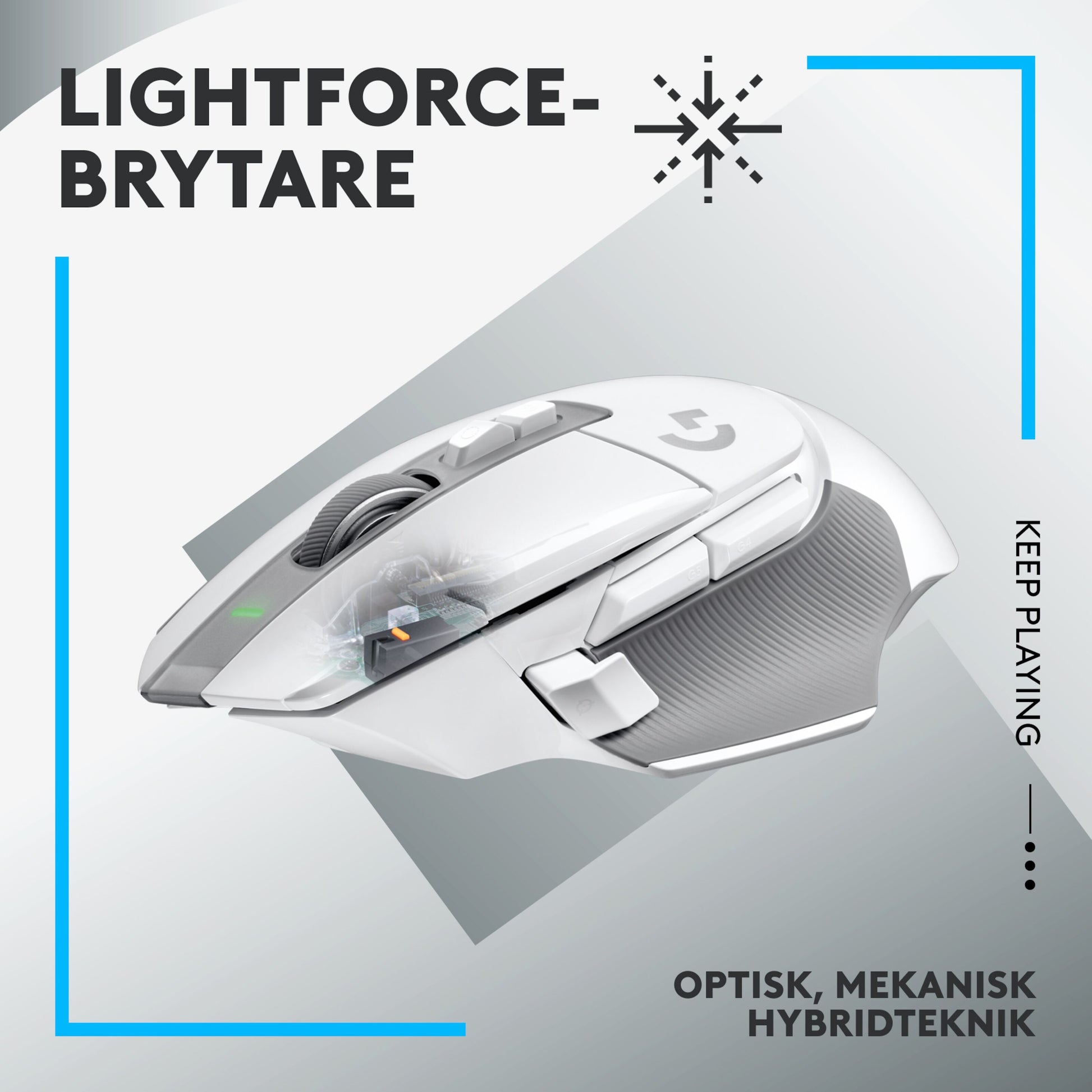Logitech G502 X Lightspeed trådløs gamingmus hvid, profil, synlige knapper, Lightforce optisk-mekanisk hybridkontakt.