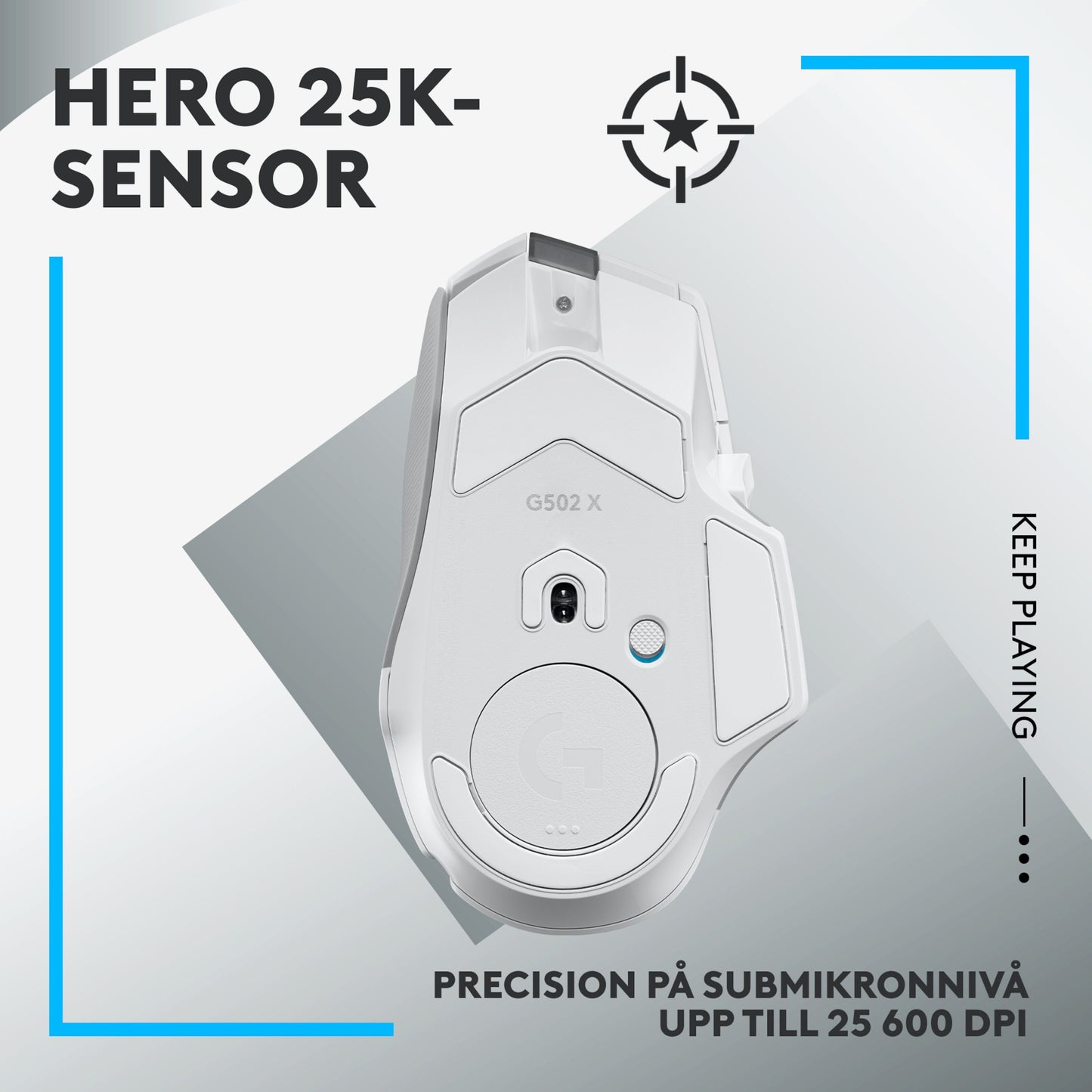 Logitech G502 X Lightspeed trådløs gamingmus hvid, HERO 25K sensor, op til 25.600 DPI, engelsk og svensk tekst.