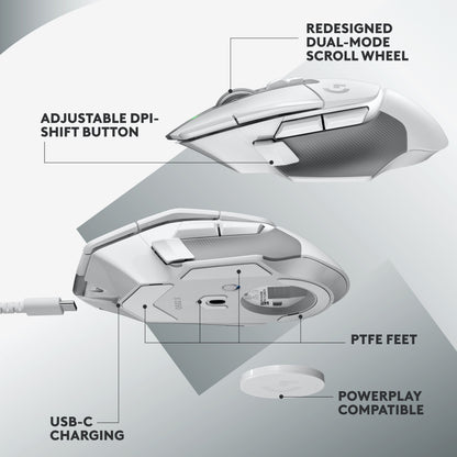 Logitech G502 X Lightspeed trådløs gamingmus hvid, side- og bundvisning med DPI-knap, dual-scroll hjul, USB-C og PTFE-fødder.