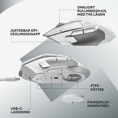 Logitech G502 X Lightspeed trådløs gamingmus hvid, side og bund, justerbar DPI-knap, to-trins scroll, USB-C, PTFE-fødder.