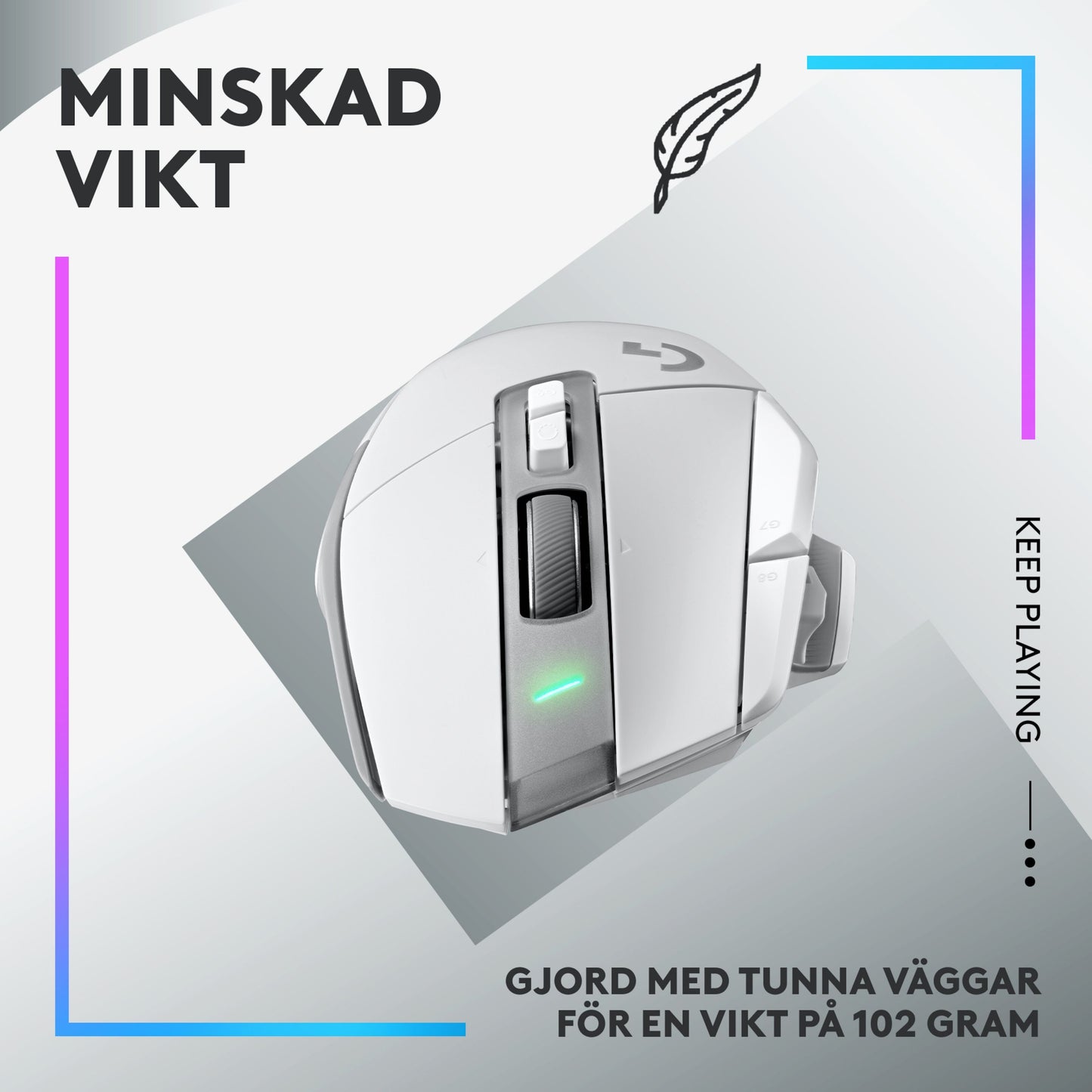 Logitech G502 X Lightspeed trådløs gamingmus hvid med lysende detaljer, 102g står på baggrund med svensk tekst om vægt.