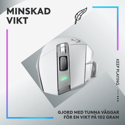 Logitech G502 X Lightspeed trådløs gamingmus hvid med lysende detaljer, 102g står på baggrund med svensk tekst om vægt.