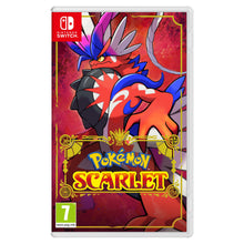 Pokémon Scarlet Nintendo Switch cover med Koraidon på rød og gul baggrund, gul Pokémon Scarlet logo.
