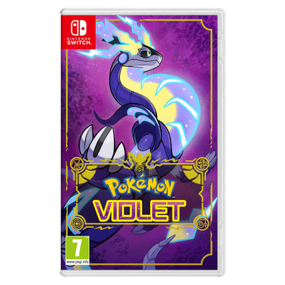 Pokémon Violet spilæske med futuristisk drage-Pokémon, lilla baggrund, gule detaljer, PEGI 7.
