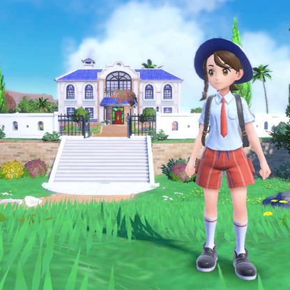 Tegneseriefigur i skoleuniform, foran blå-hvid skole, inspireret af Pokémon Violet fra Nintendo.