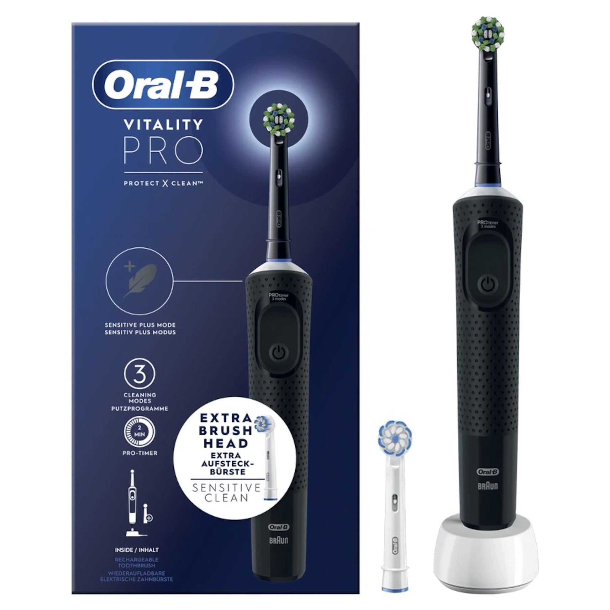 Oral-B Vitality Pro elektrisk tandbørste sort med børstehoveder, oplader, blå æske og følsom tilstand.