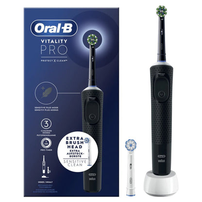 Oral-B Vitality Pro elektrisk tandbørste sort med børstehoveder, oplader, blå æske og følsom tilstand.