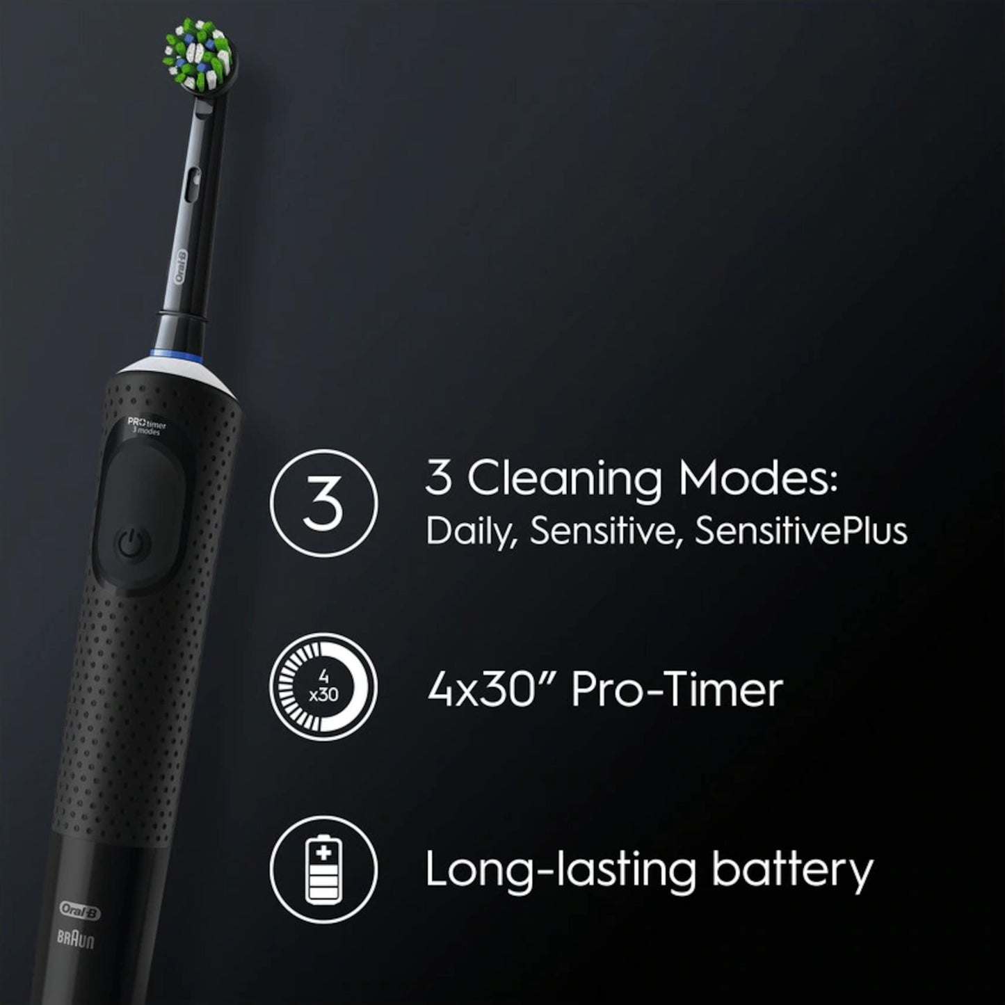 Oral-B Vitality Pro elektrisk tandbørste med 3 rengøringstilstande, 4x30 sek timers funktion og langtidsholdbart batteri.