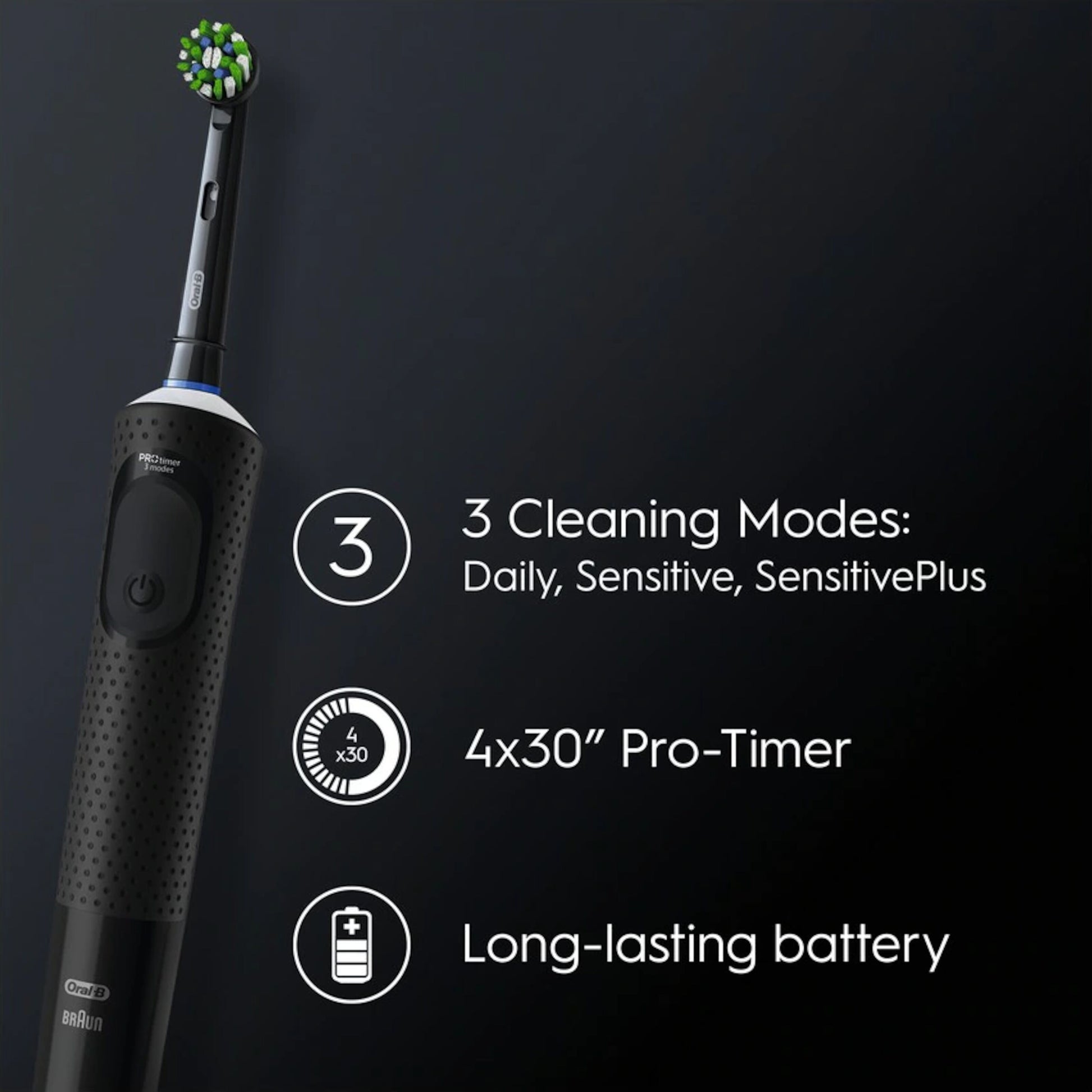 Oral-B Vitality Pro elektrisk tandbørste med 3 rengøringstilstande, 4x30 sek timers funktion og langtidsholdbart batteri.