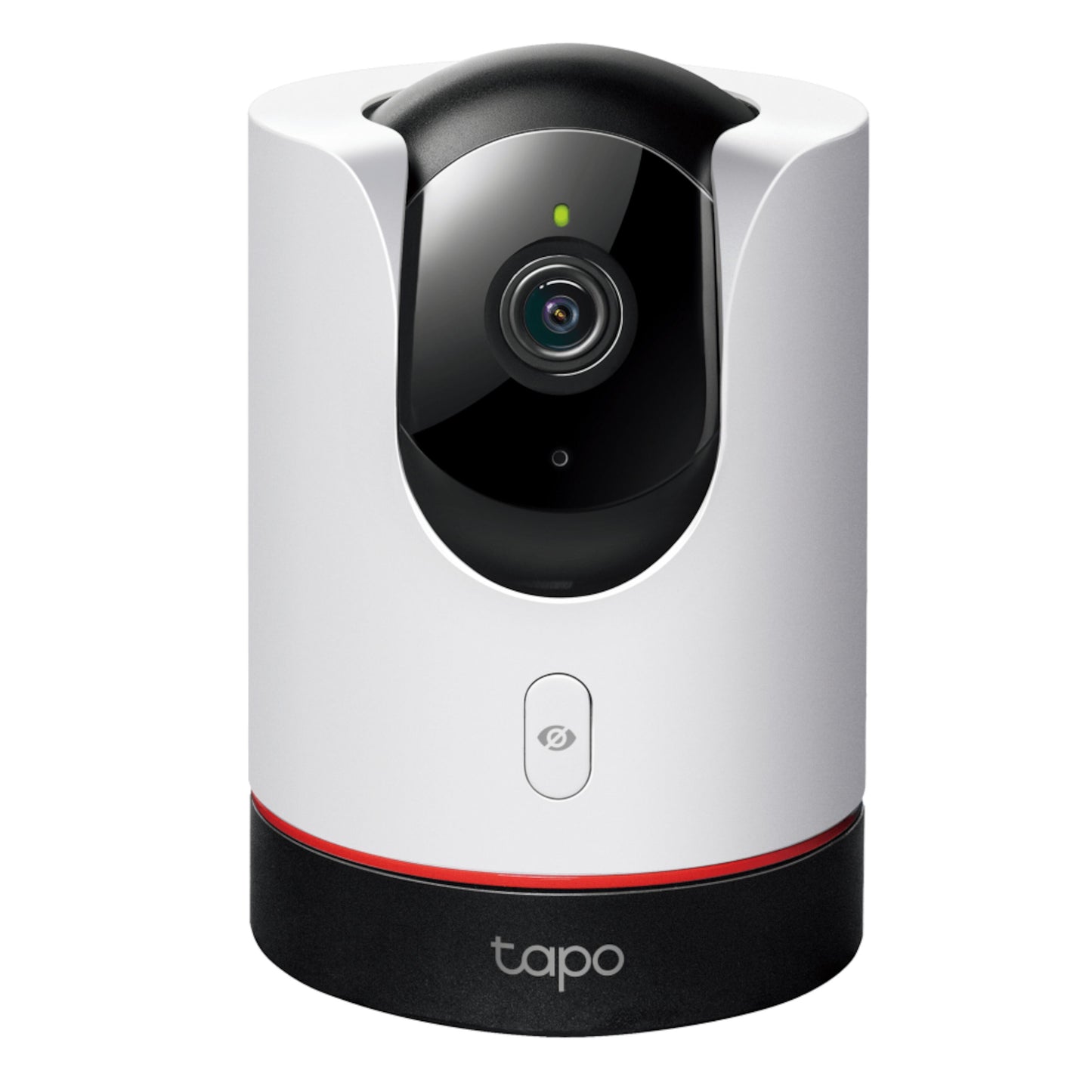 Tapo C225 AI trådløs overvågningskamera, hvid og sort cylinder, central linse, knap under linsen, Tapo-logo på basen.