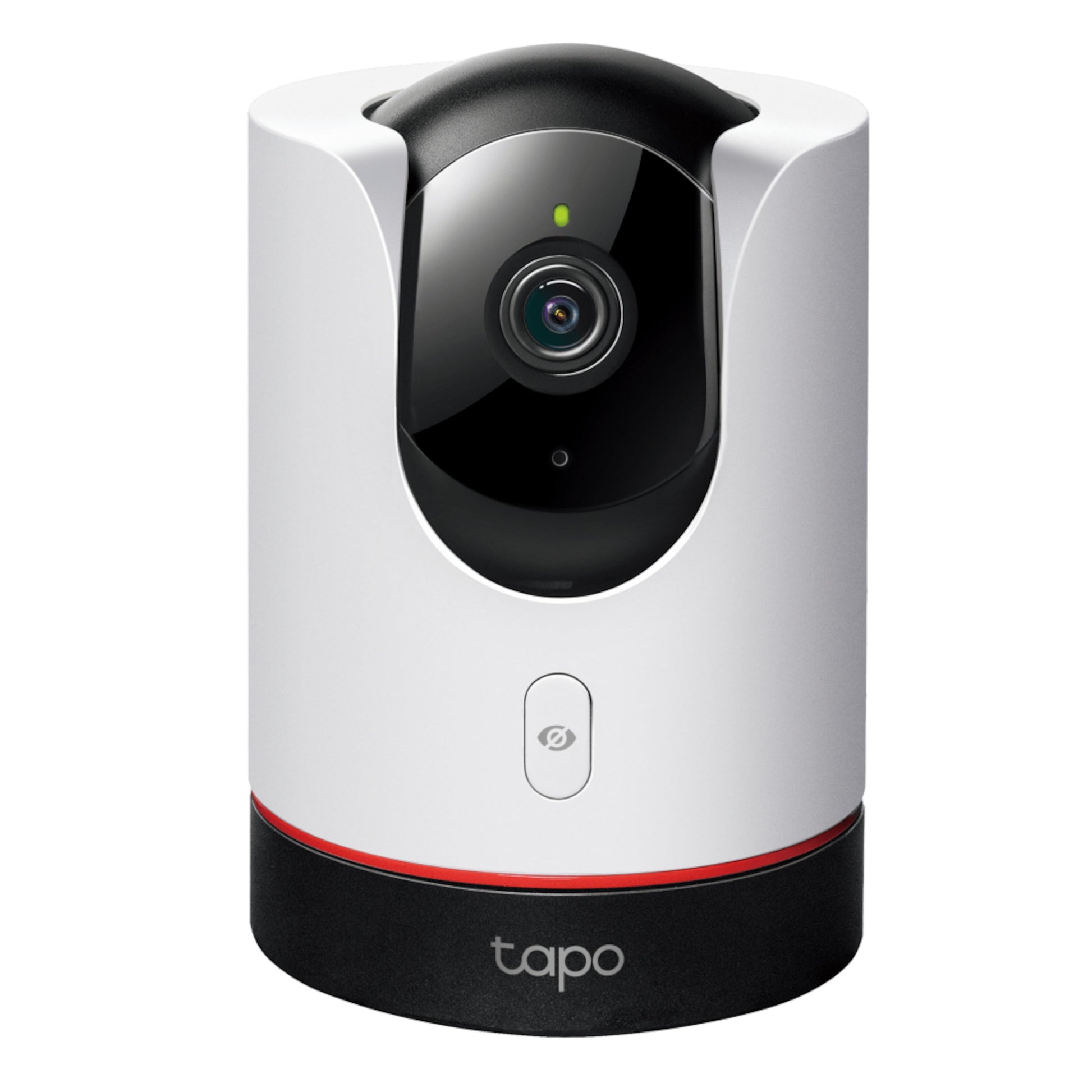Tapo C225 AI trådløs overvågningskamera, hvid og sort cylinder, central linse, knap under linsen, Tapo-logo på basen.