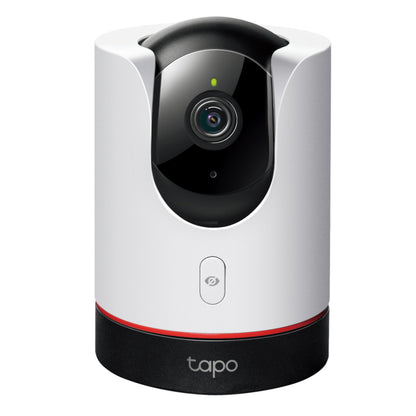 Tapo C225 AI trådløs overvågningskamera, hvid og sort cylinder, central linse, knap under linsen, Tapo-logo på basen.