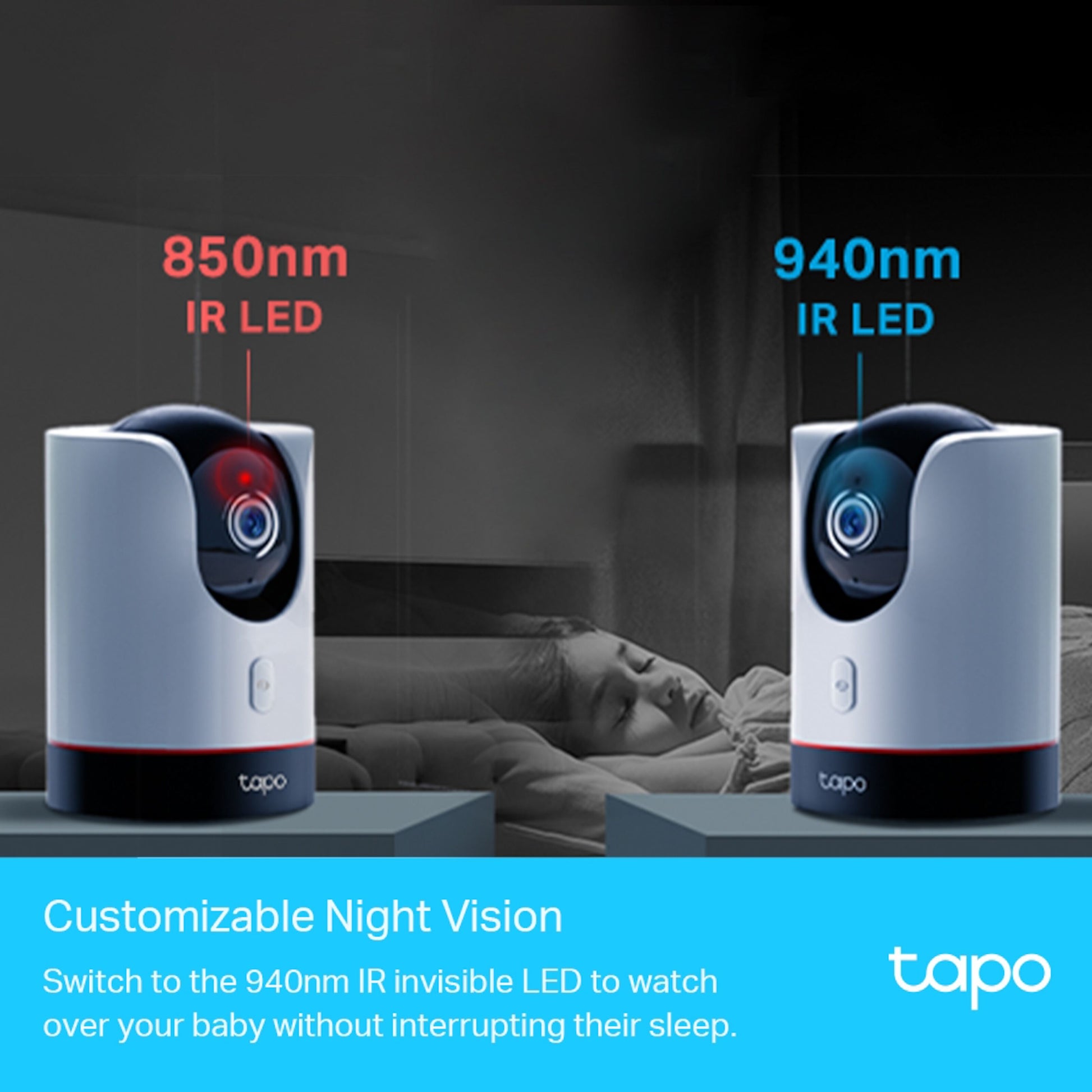 TP-Link Tapo C225 AI trådløs overvågningskamera med rødt og blåt lys, justerbart nattesyn 850nm/940nm IR-LEDs.