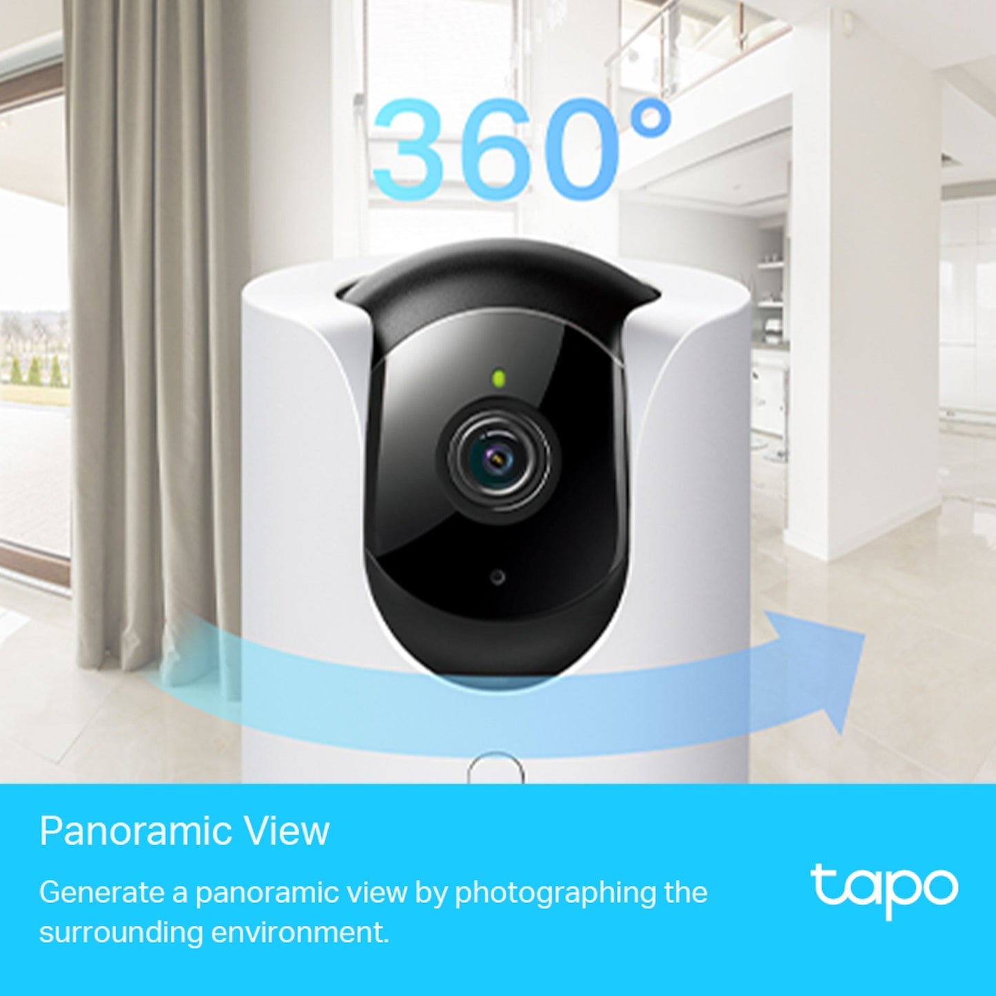 TP-Link Tapo C225 AI trådløs overvågningskamera, hvid, 360° symbol og blå pil til panoramaview.